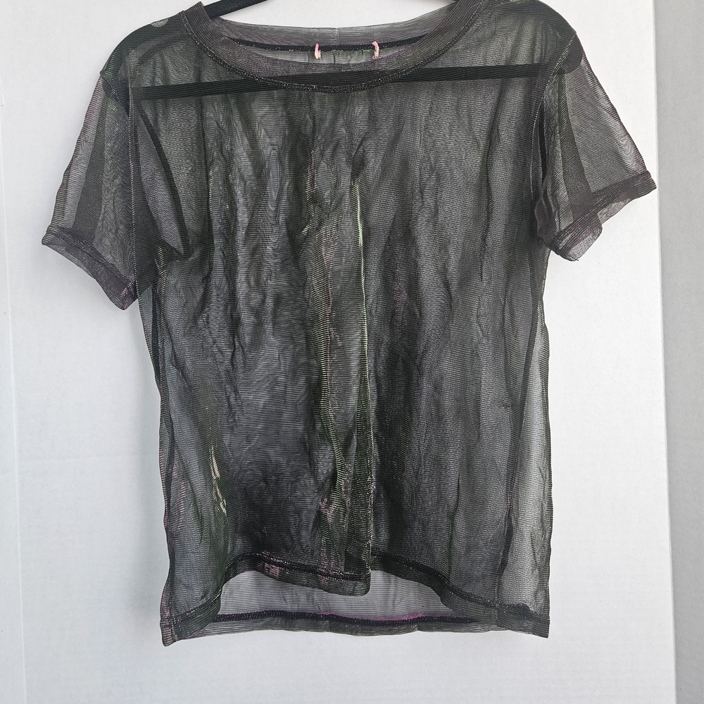Sheer Black With Reflective Green And Purple/Pink Mesh Top